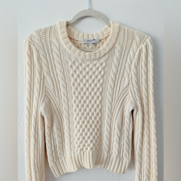 Milly Ivory Cable Knit Pullover Crop Soft Wool Sweater Size L - Picture 3 of 12